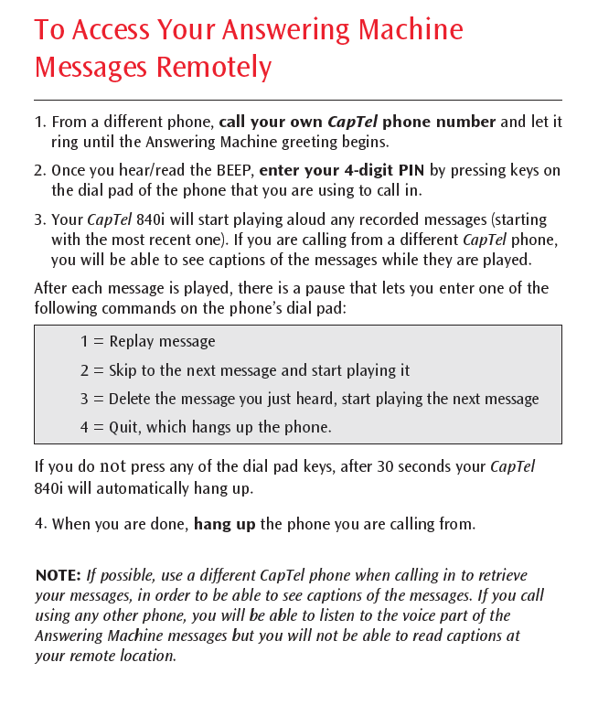 840i Remote Access to Your Answering Machine Messages CapTel