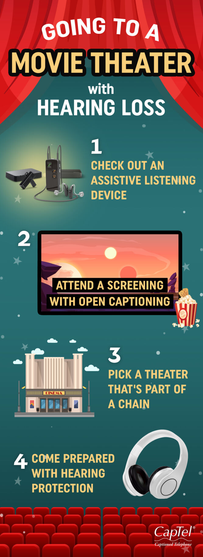 Before going to a movie theater with hearing loss, do a bit of research to see what kinds of assistive listening devices the theater has available.