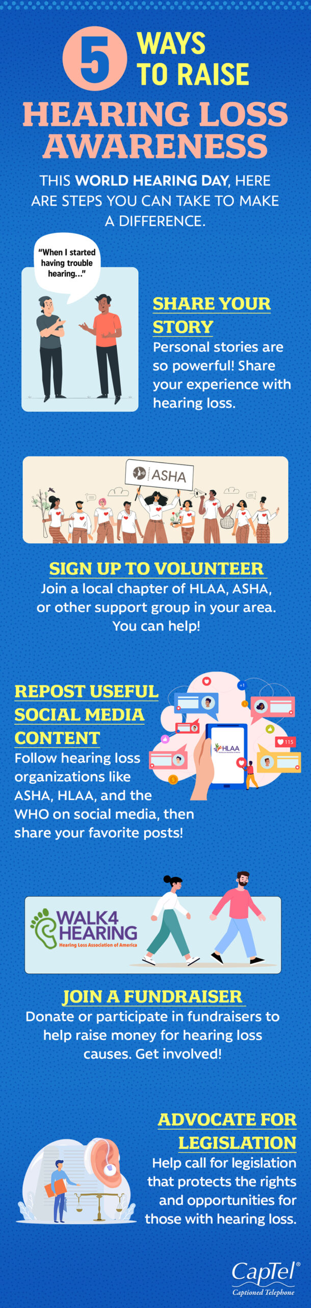 You can raise hearing loss awareness from home by reposting social media posts from hearing loss organizations.