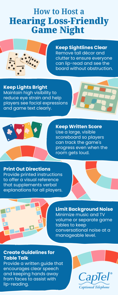Tips for hosting a hearing loss-friendly game night, including bright lighting, clear sightlines, written scores, printed rules, and reduced noise.
