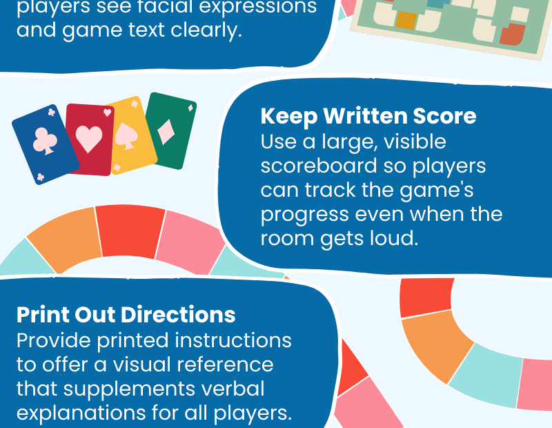Tips for hosting a hearing loss-friendly game night, including bright lighting, clear sightlines, written scores, printed rules, and reduced noise.
