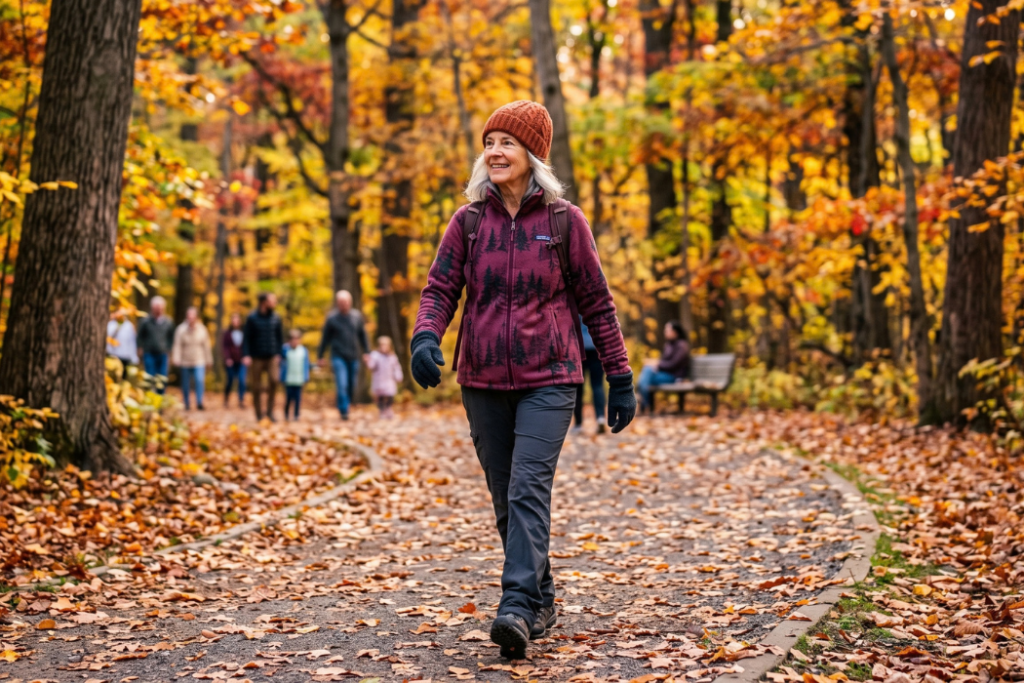 Smiling woman in a knit hat and fleece jacket walking along a leaf-covered path through an autumn forest