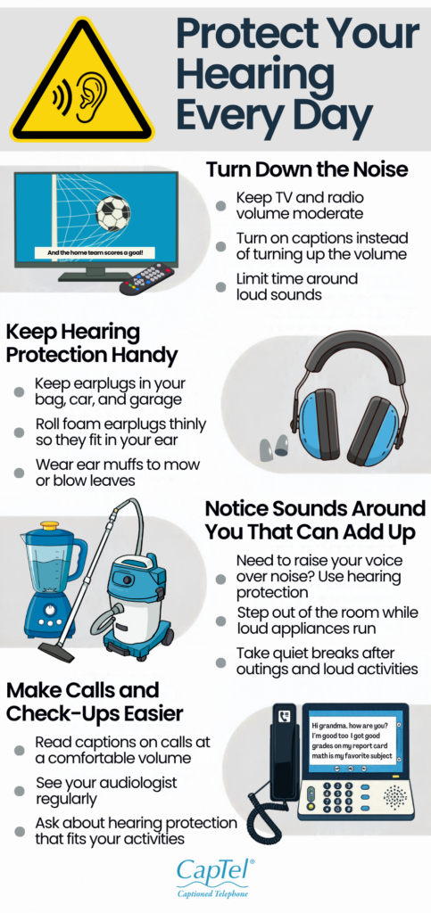 Infographic with simple daily habits to protect your hearing every day, including lower volume, earplugs, and captioned calls