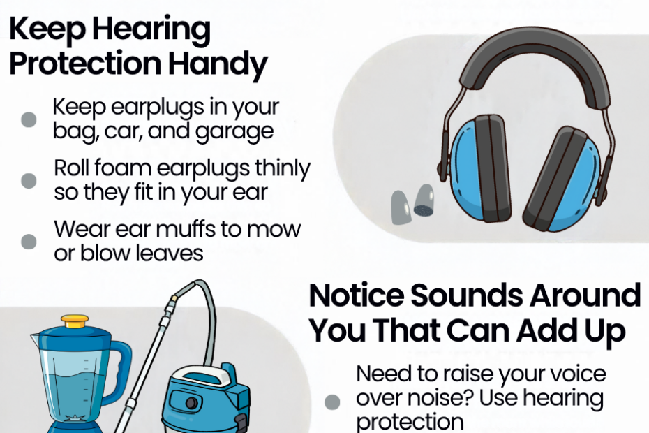 Infographic with simple daily habits to protect your hearing every day, including lower volume, earplugs, and captioned calls
