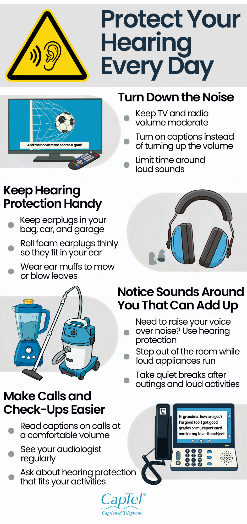 Infographic with simple daily habits to protect your hearing every day, including lower volume, earplugs, and captioned calls