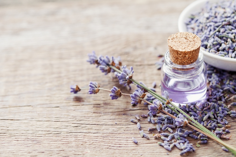 Dried lavender and a small vial of lavender oil sit on a wooden table.
